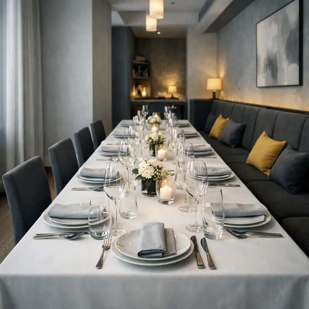 Elegancko nakryty stół w kameralnym wnętrzu restauracji przygotowany na wspólne spotkanie