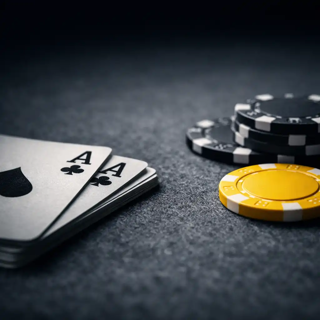 Fizyczne karty i żetony na grafitowym filcu stołu pokerowego