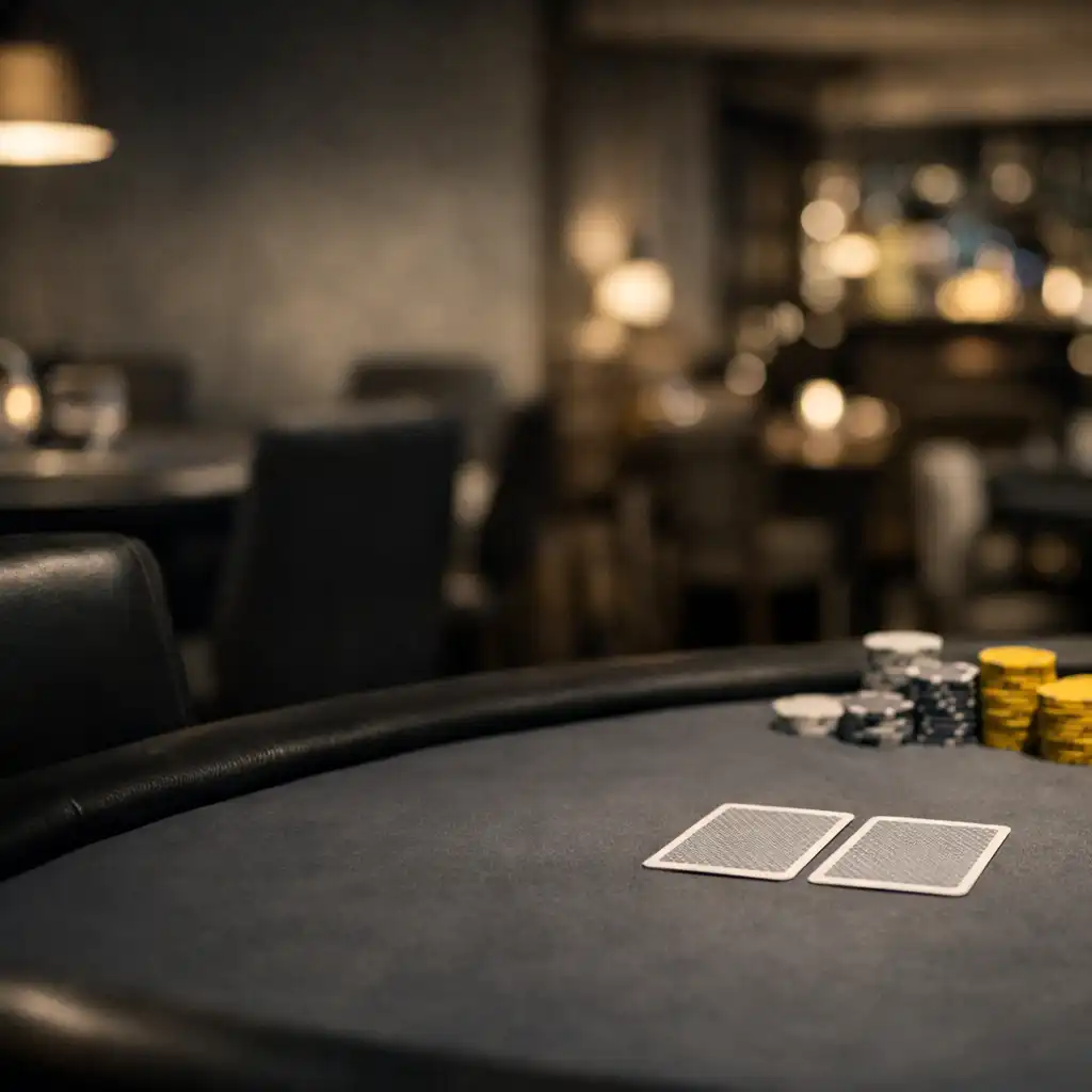 Widok prawdziwego stołu pokerowego w wieczornym wnętrzu Kameralnego Salonu.