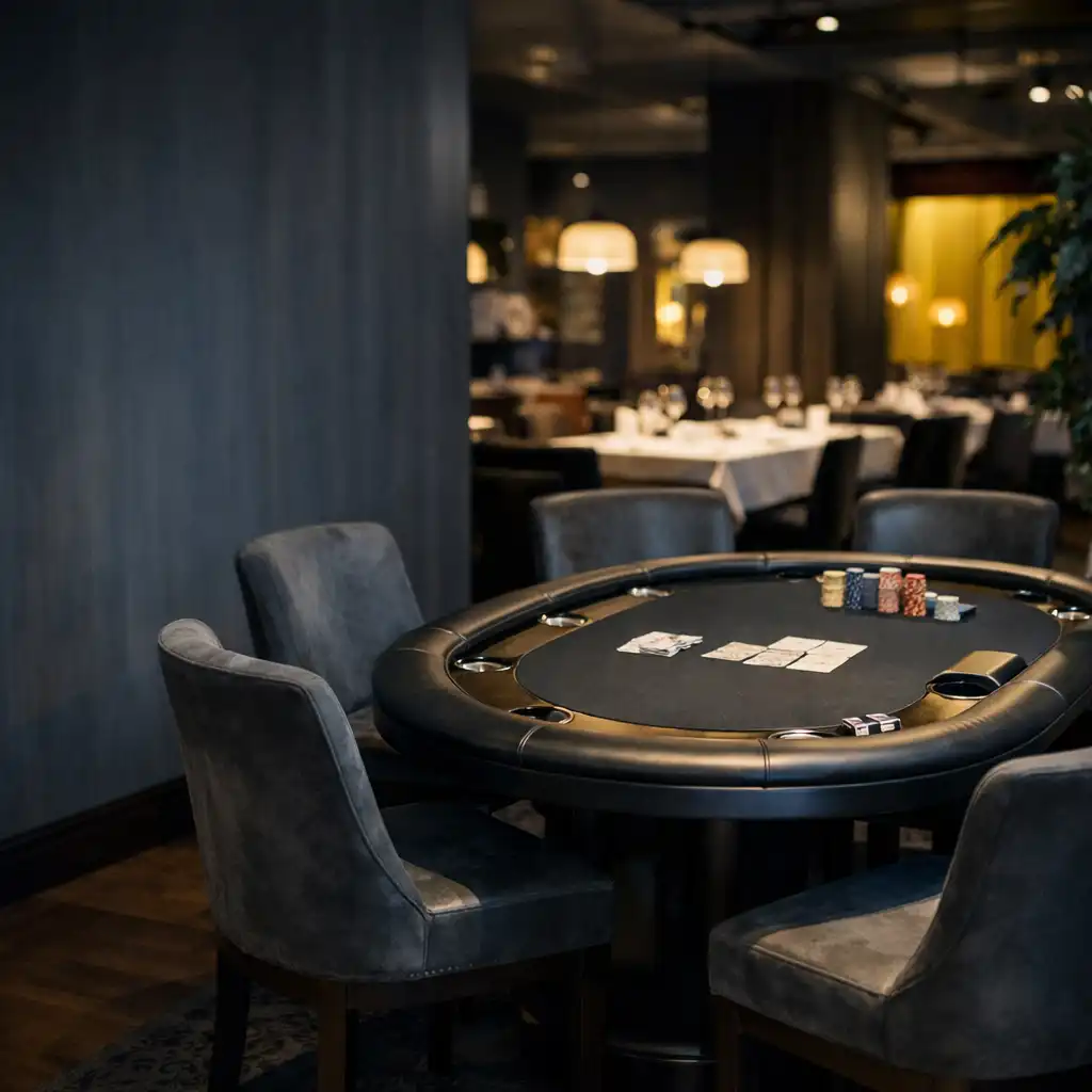 Spokojny stół pokerowy i puste krzesła w kameralnej sali