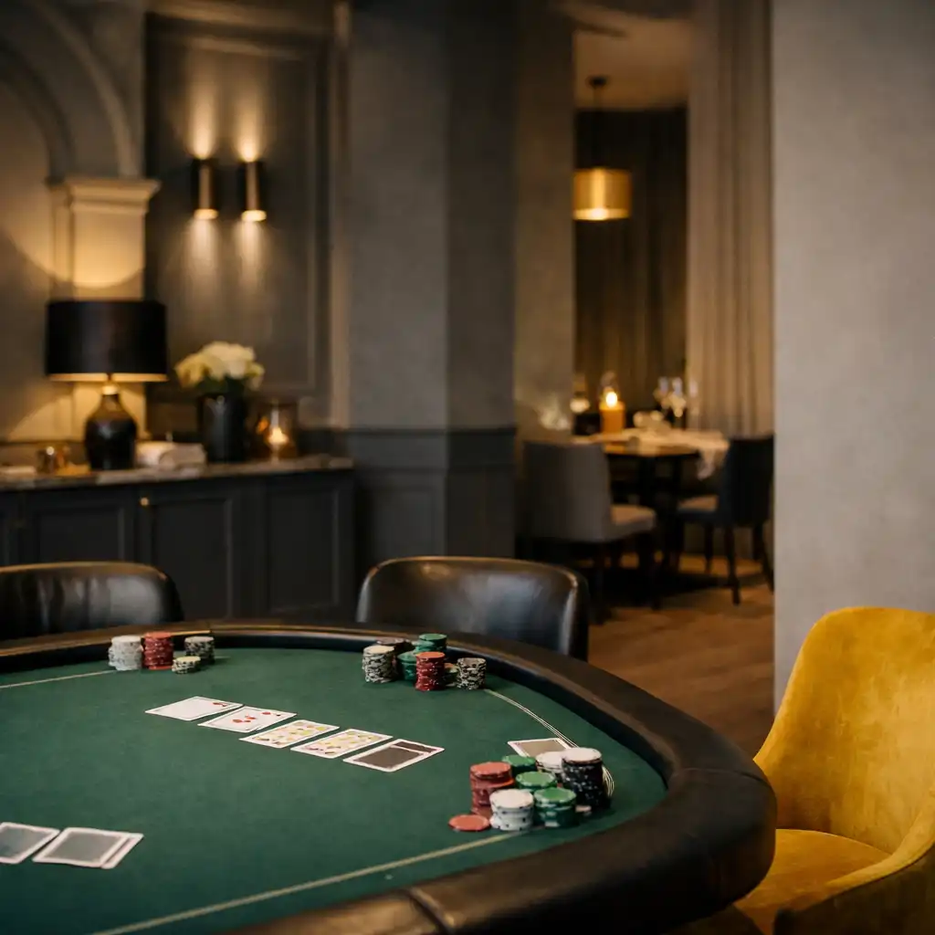 Realny stół pokerowy w kameralnym wnętrzu Kameralnego Salonu.